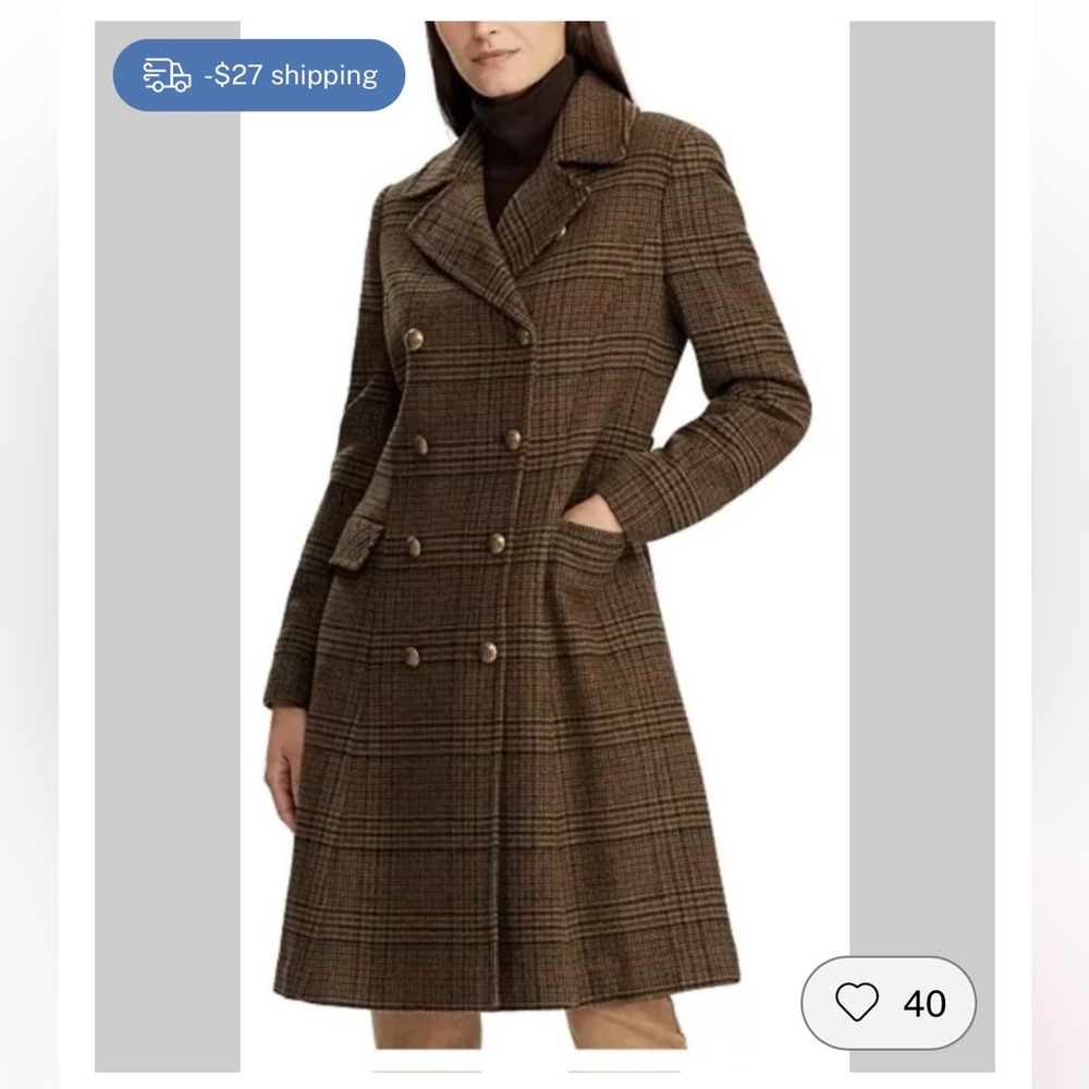 Lauren Ralph Lauren Wool Blnd Houndstooth RLR Buttons DoubleBreasted Luxury Coat